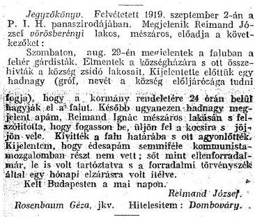 Részlet a „A dunántúli zsidóüldözések aktáiból.” c. cikkből (Forrás: Egyenlőség, 1919. 09. 25., 3−4. o)
